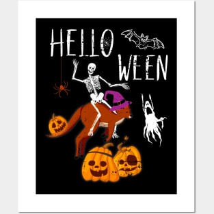 Hello Ween Skeleton Riding Kangaroo Halloween Funny Posters and Art